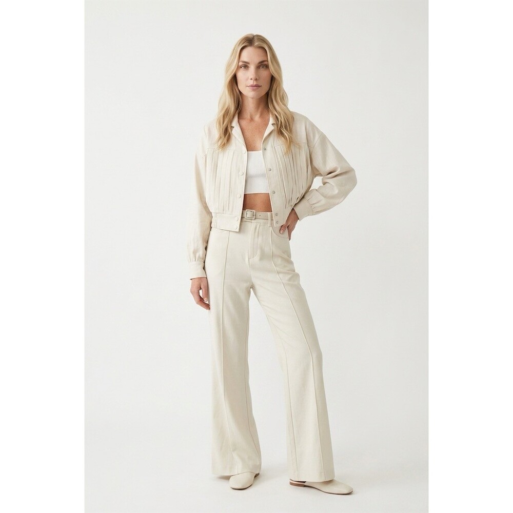 Mulla Suit Set Womens Size M light gray 3-Piece Cropped Jacket Flare Pants Belt